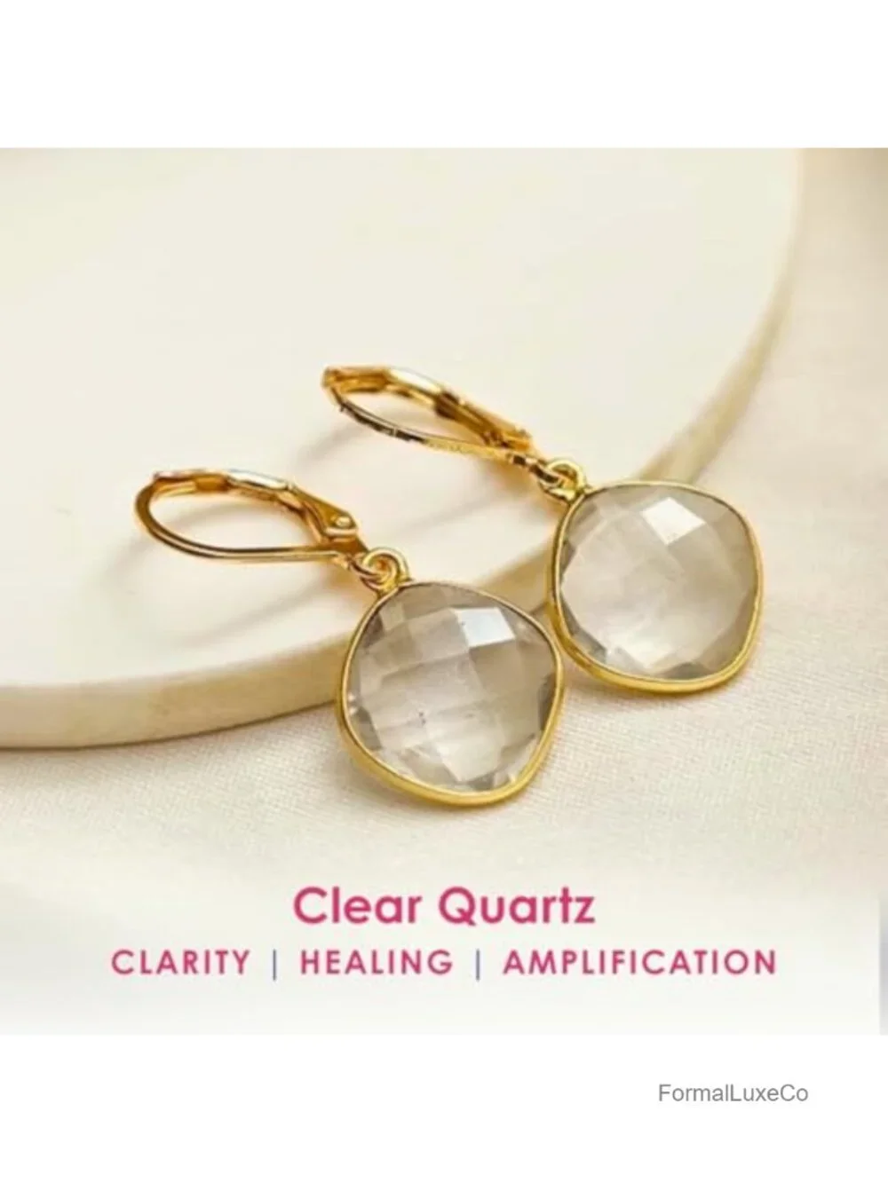 Genuine Clear Quartz Leverback Drop Earrings for Women, Gold Dangle Crystal